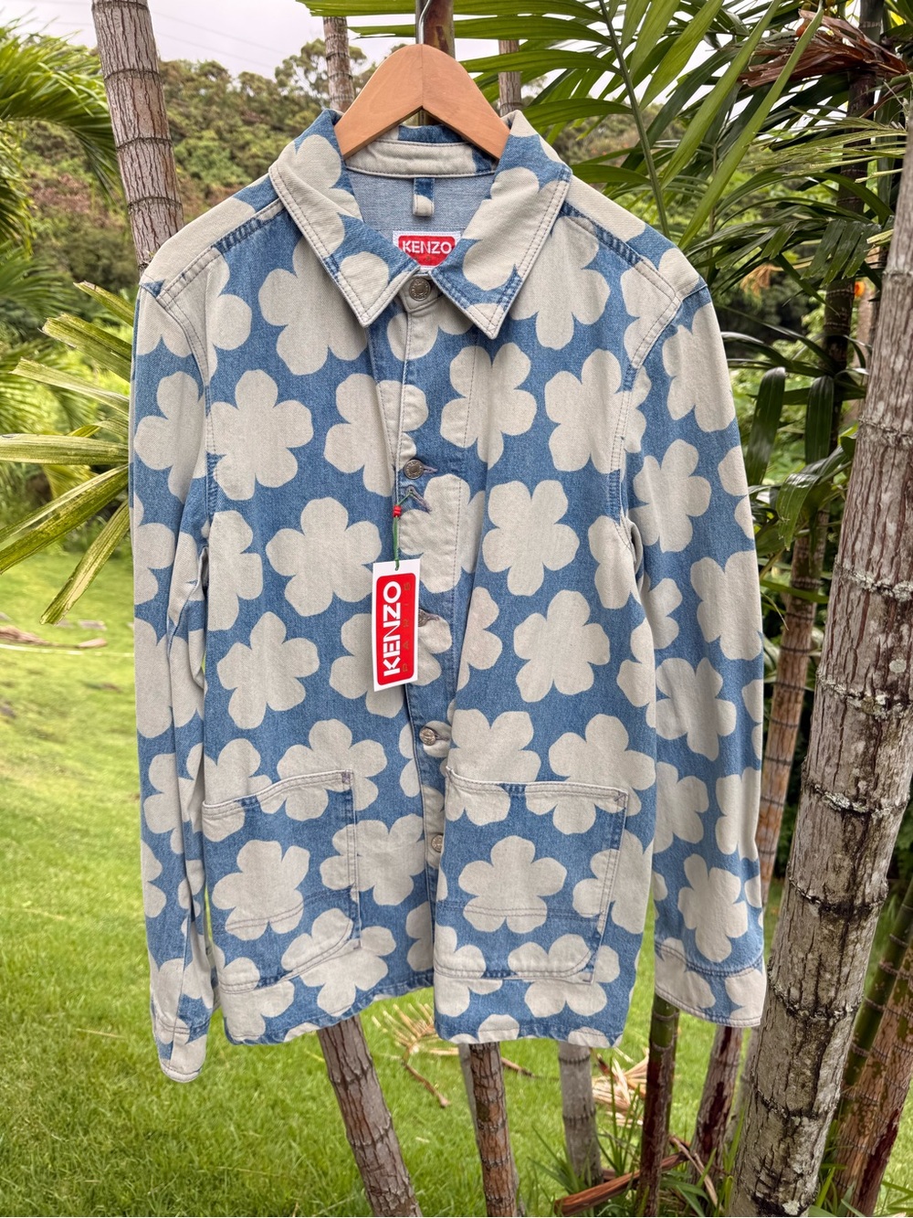 Kenzo Blue and Cream Floral Patchwork Button-Down Shirt Jacket